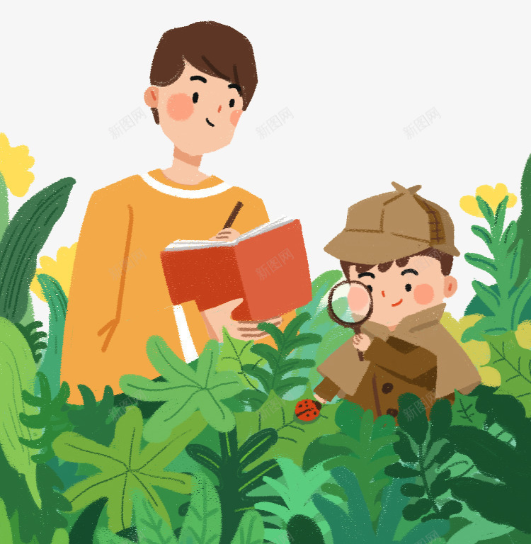 彩色创意读书卡通插画png免抠素材_88icon https://88icon.com 创意 卡通插画 可爱 叶子 大学生读书 彩色 放大镜 植物 绿色 观测 读书