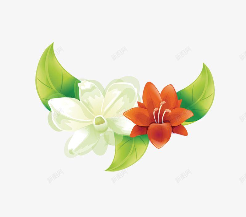 带叶子的花朵png免抠素材_88icon https://88icon.com 小花 树叶 橘红色 白色 花朵