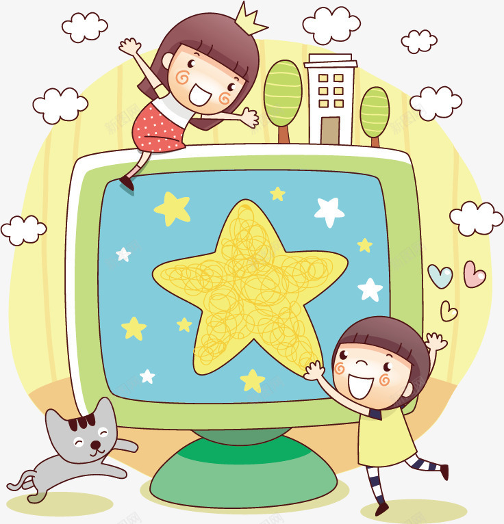儿童卡通插画png免抠素材_88icon https://88icon.com 儿童 动漫 卡通 卡通人物 女孩 彩色 手绘 插图 插画 星星 电视 男孩