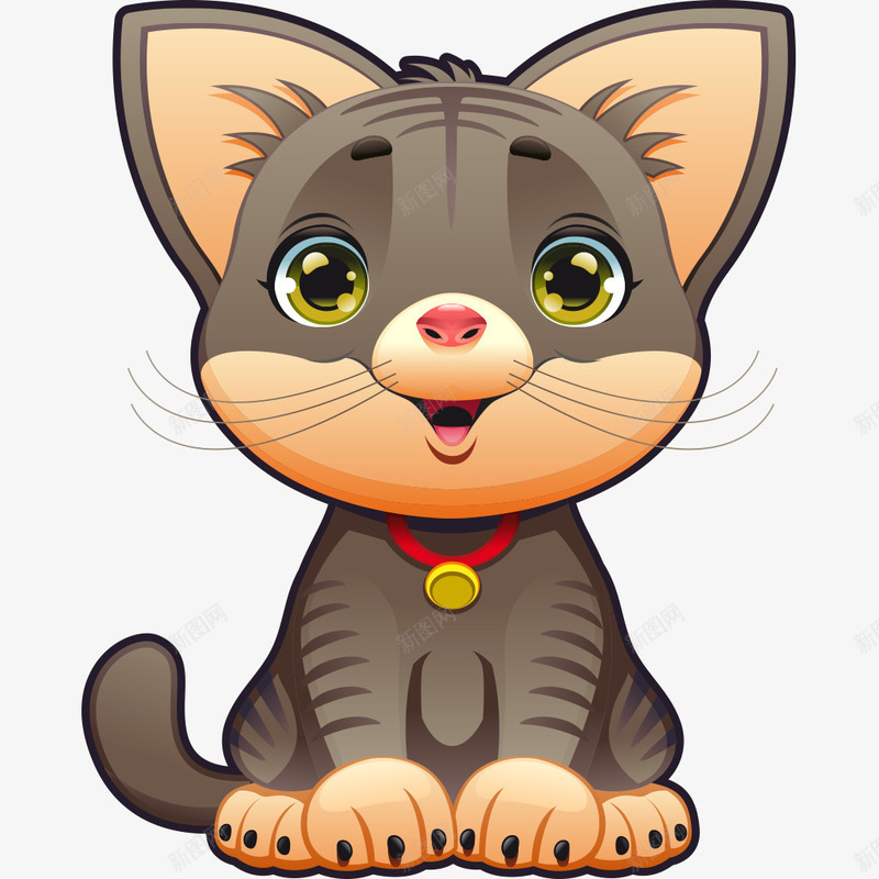 卡通猫咪png免抠素材_88icon https://88icon.com 卡通 图案 手绘 灰色 装饰 铃铛 黄色的耳朵 黑色