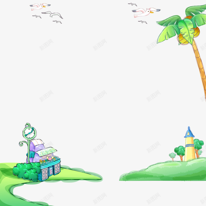 卡通手绘绿地椰子树装饰边框png免抠素材_88icon https://88icon.com 免抠PNG 卡通 大海 手绘 椰子树 河边 海边 海鸥 绿地 装饰 边框