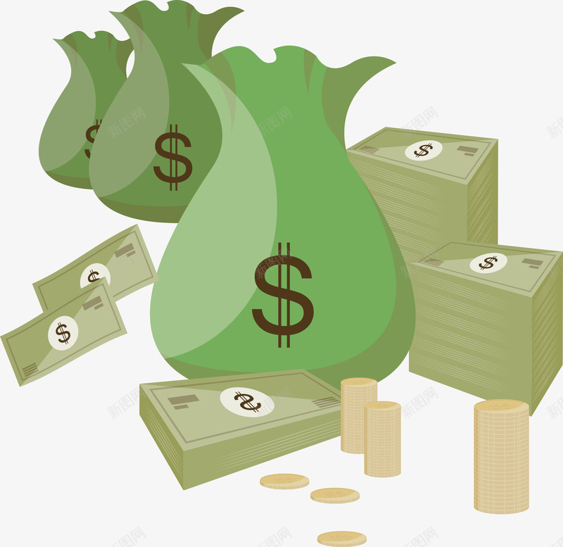 绿色钱袋与纸币png免抠素材_88icon https://88icon.com 商务金融 矢量金币 矢量钱袋 纸币 货币 金融