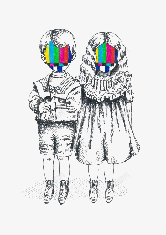卡通小孩png免抠素材_88icon https://88icon.com 创意插画 女孩 小朋友 欧式复古 电视 男孩 速写 黑白