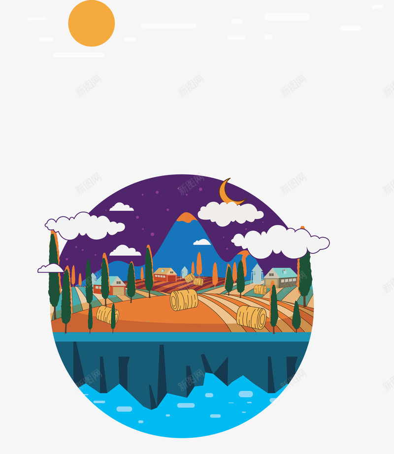 夕阳落日风景png免抠素材_88icon https://88icon.com 大山 月亮 树木 白云 落日 马路