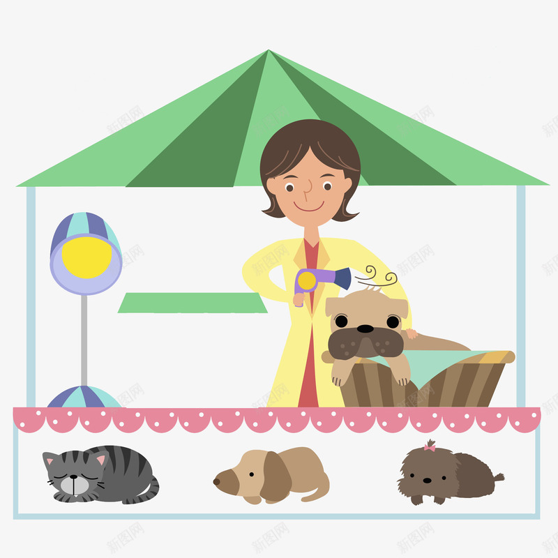 帮宠物洗澡的女孩png免抠素材_88icon https://88icon.com 卡通 可爱 台灯 吹风机 女孩 小动物 彩色 手绘