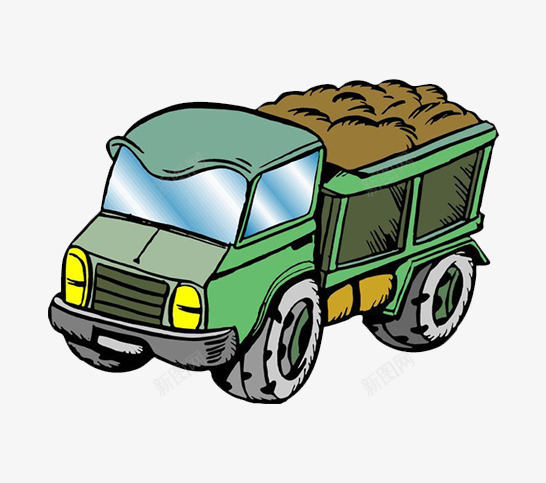 卡通大货车png免抠素材_88icon https://88icon.com 卡通货车 工地 绿色大货车 货物 马路