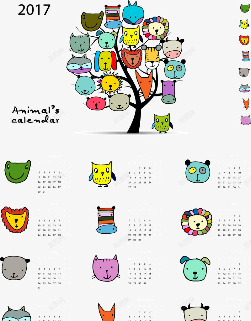 手绘动物头像树日历模板矢量图eps免抠素材_88icon https://88icon.com 2017年 动物头像 彩色 手绘 挂历模板 矢量素材 矢量图