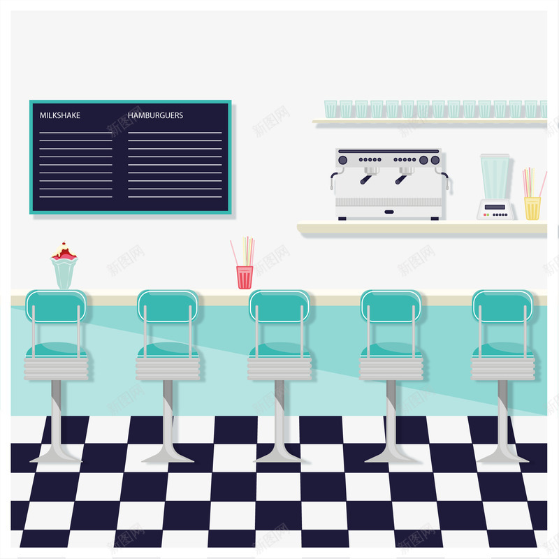 创意美式餐厅内部图矢量图ai免抠素材_88icon https://88icon.com 冷饮 吸管 椅子 榨汁机 美食 菜单 餐厅 餐馆 黑板 矢量图