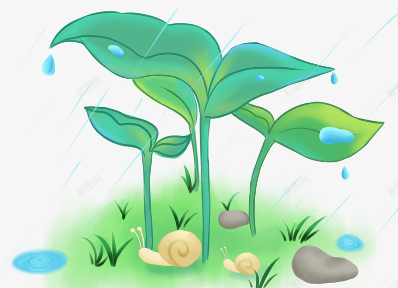 手绘小清新植物元素psd免抠素材_88icon https://88icon.com 下雨 发芽 小清新 手绘插画 植物 蜗牛 装饰图案