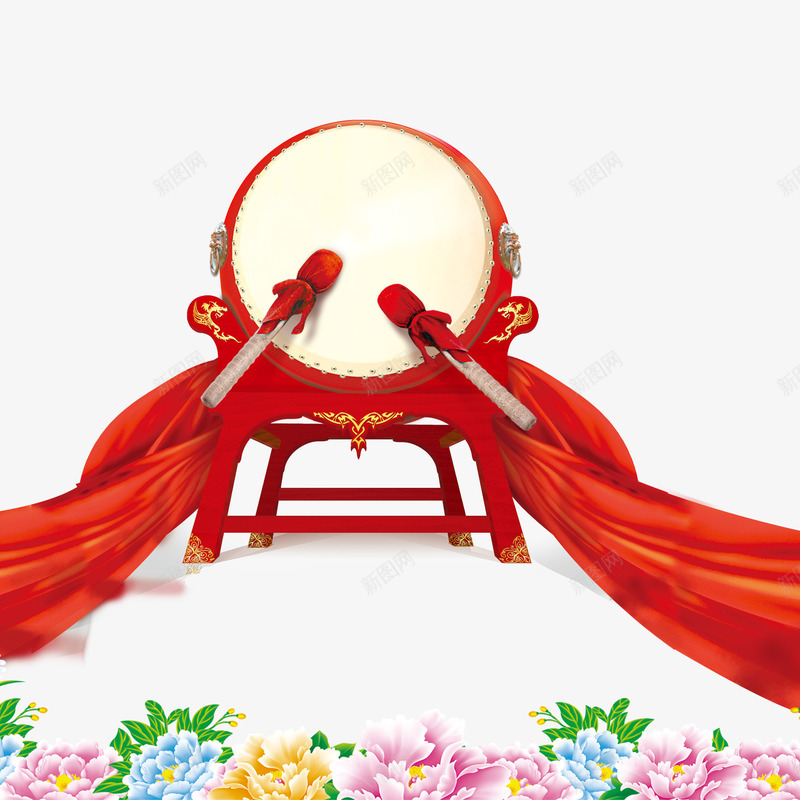 敲鼓psd免抠素材_88icon https://88icon.com 新年 牡丹 鼓 鼓槌