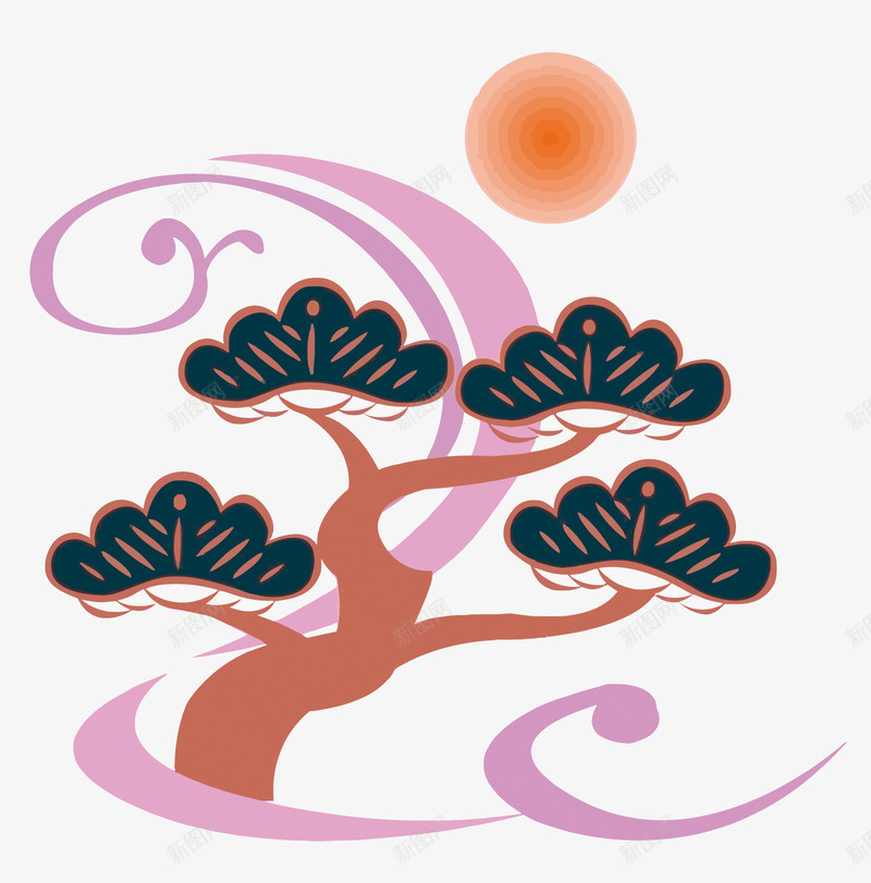 松树png免抠素材_88icon https://88icon.com PNG PNG免费下载 PNG图片 太阳 扁平化 日式花纹 松树