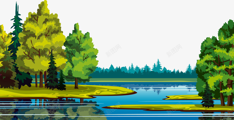 唯美绿色大树矢量图ai免抠素材_88icon https://88icon.com 倒影 唯美 大树 大自然 梦幻 湖水 绿色 草地 矢量图