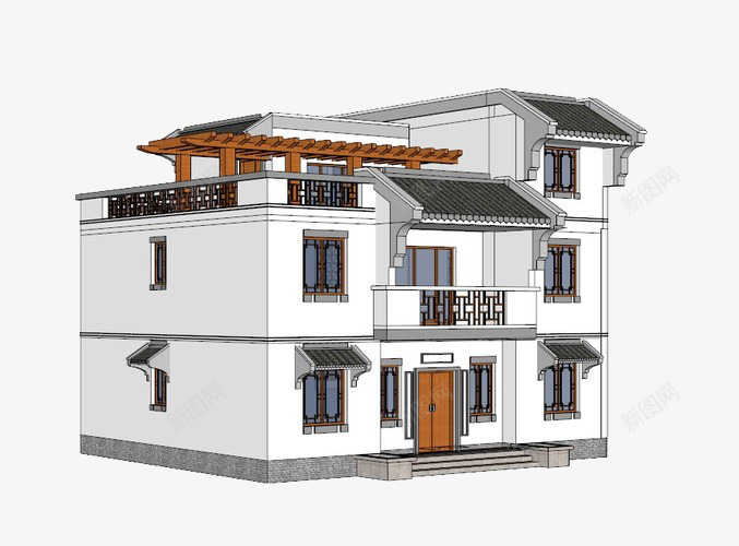 中式古典房屋效果图png免抠素材_88icon https://88icon.com 中式古典房屋效果图 别墅装修3D效果图 户型图 立体房屋 连排别墅
