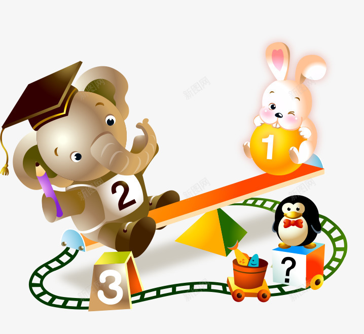 卡通手绘可爱戴帽子大象玩跷跷板png免抠素材_88icon https://88icon.com 卡通的动物 可爱的大象 戴帽子的大象 手绘的大象