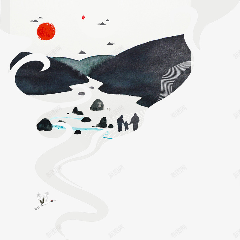 灰色中国画psd免抠素材_88icon https://88icon.com 太阳 山丘 弯曲 扁平化 水纹 灰色 石头 红日
