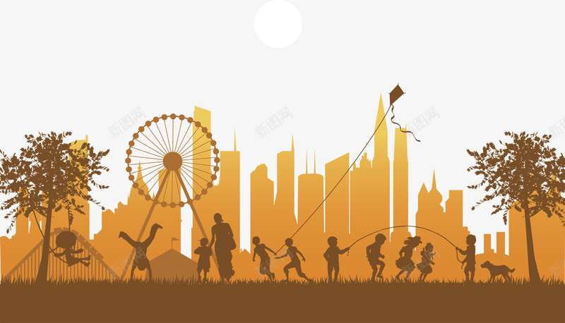 黄色城市剪影矢量图eps免抠素材_88icon https://88icon.com 城市 城市剪影 城市房屋 房屋 矢量城市 风车 矢量图
