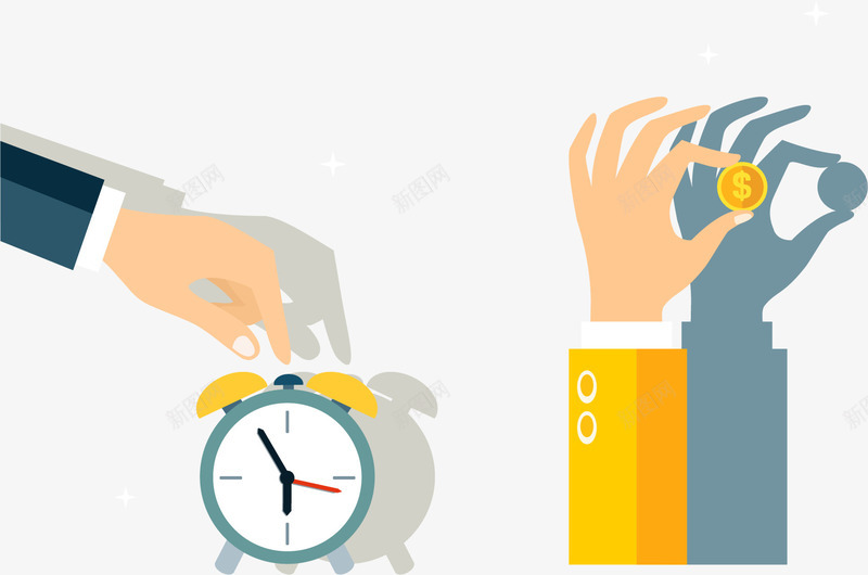 手绘时间和金钱矢量图ai免抠素材_88icon https://88icon.com 扁平 手绘 时间 金币 闹钟 矢量图