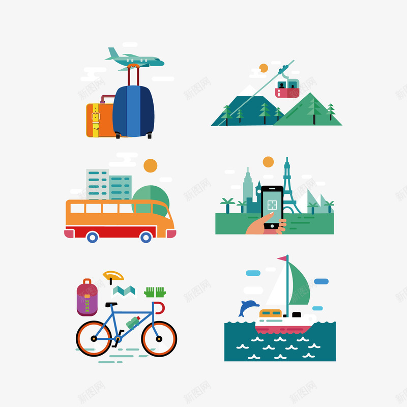 扁平化旅游元素矢量图ai免抠素材_88icon https://88icon.com 出游 扁平化 旅游 矢量图