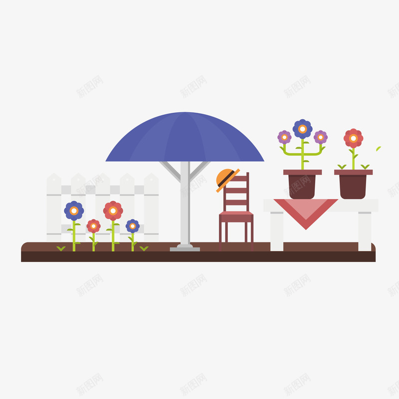 蓝色的太阳伞旁边白色扁平化均匀矢量图ai免抠素材_88icon https://88icon.com 卡通 均匀分布 扁平化 手绘 白栅栏 白色栅栏 花朵 花盆 蓝色伞 蓝色的太阳伞旁边白色扁平化均匀分布的栅栏矢量免费下载 矢量图