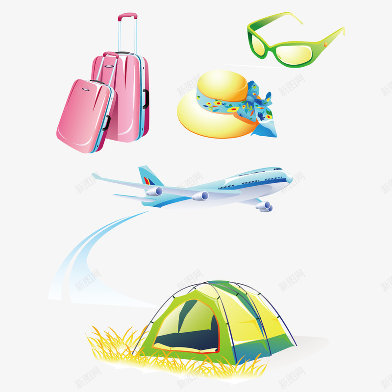 出游装备矢量图ai免抠素材_88icon https://88icon.com 出游 太阳镜 帽子 行李箱 飞机 矢量图