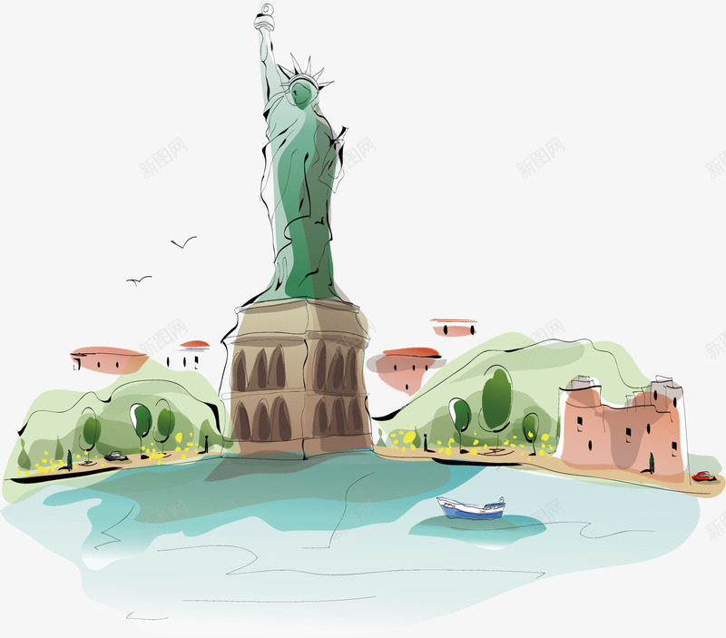 手绘城市建筑插画手绘自由png免抠素材_88icon https://88icon.com 手绘 手绘城市建筑 插画 自由女神像