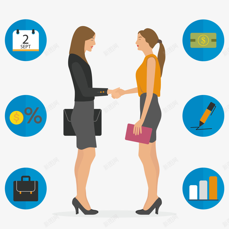 握手的商务女子png免抠素材_88icon https://88icon.com 公文包 商务 女子 握手 日历 水笔 生意 白领 银行卡