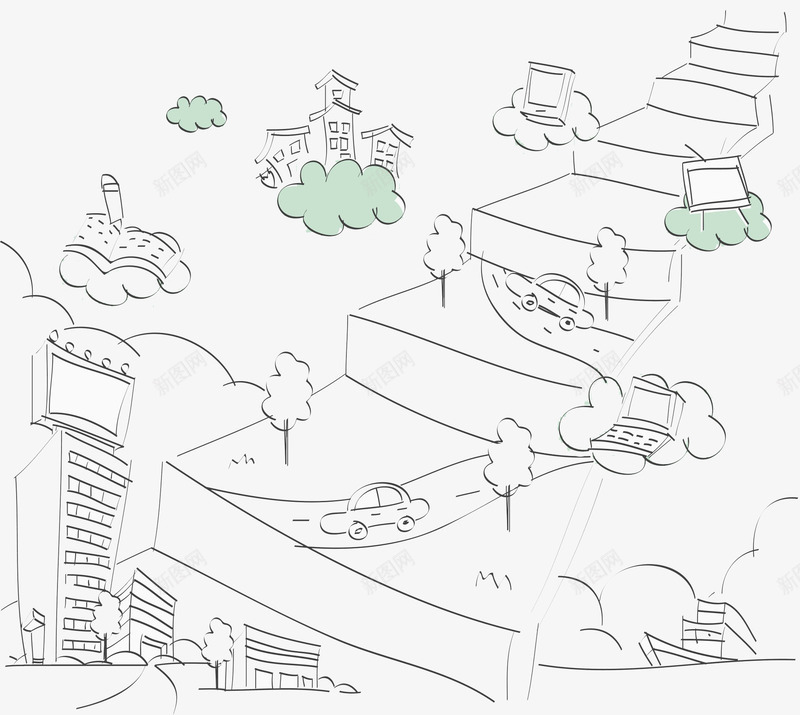 城市街道png免抠素材_88icon https://88icon.com 卡通建筑 卡通手绘 城市街道 水彩画 汽车 装饰图案 高楼大厦