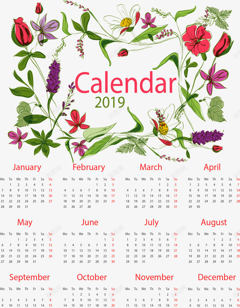 浪漫花朵2019日历矢量图ai免抠素材_88icon https://88icon.com 2019日历 日历 浪漫花朵 矢量png 花朵日历 矢量图