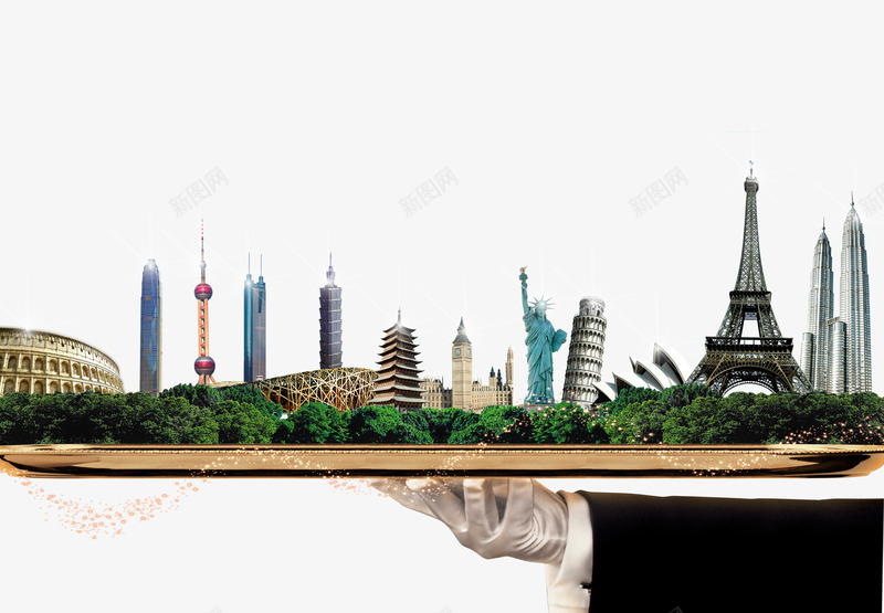 旅游广告png免抠素材_88icon https://88icon.com 东方明珠 埃菲尔铁塔 手 托盘 斜塔 自由女神