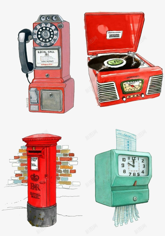 手绘的古典器材png免抠素材_88icon https://88icon.com 录音机 手绘 电话亭 邮箱 钟表