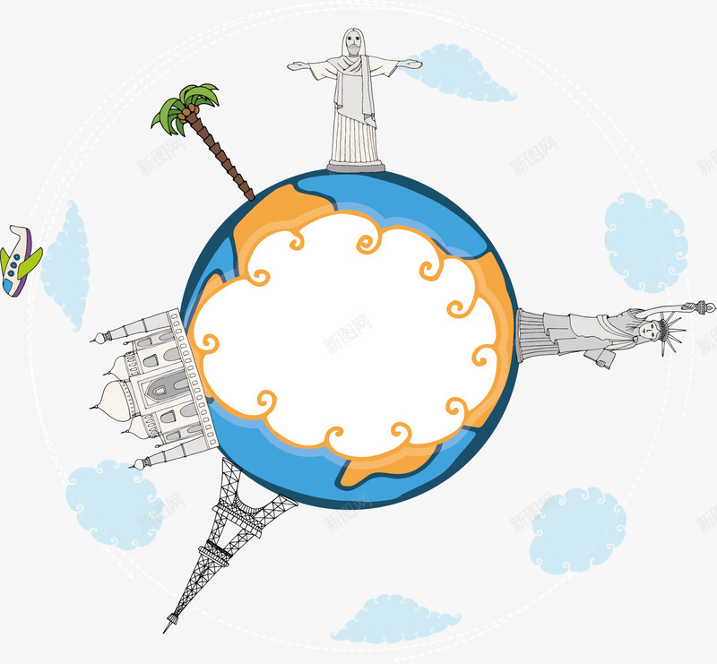 蓝色地球世界地图矢量图ai免抠素材_88icon https://88icon.com 世界 地球 基督像 旅游景点 泰姬陵 自由女神 矢量图