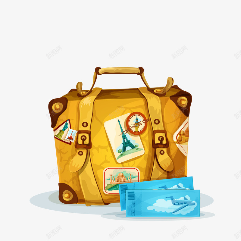彩绘旅游行李箱和飞机票png免抠素材_88icon https://88icon.com 出游 密码箱 旅游 旅行箱 背景装饰 飞机票