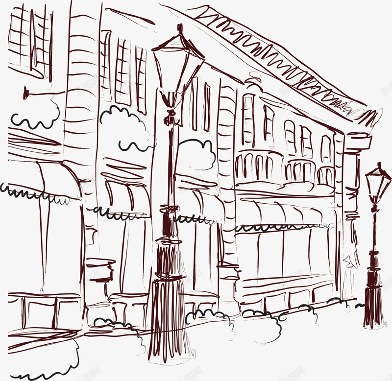 手绘素描街道的建筑png免抠素材_88icon https://88icon.com 建筑 素描 素描街景 街道