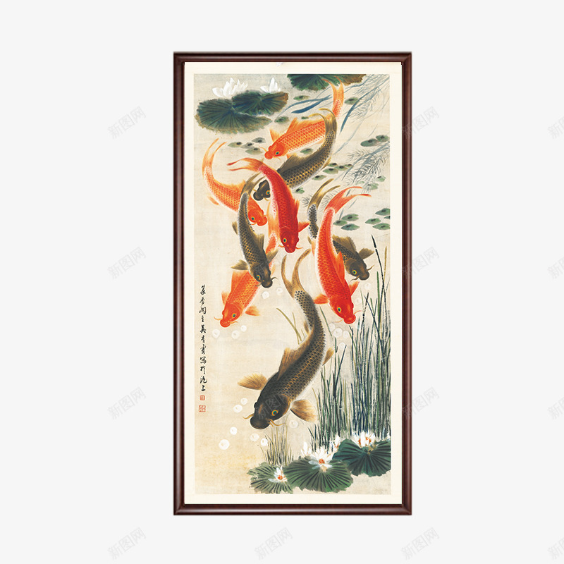 鲤鱼戏水装饰画png免抠素材_88icon https://88icon.com 中国风水墨画 中国风牌匾 水墨画 水墨画素材 鲤鱼戏水图