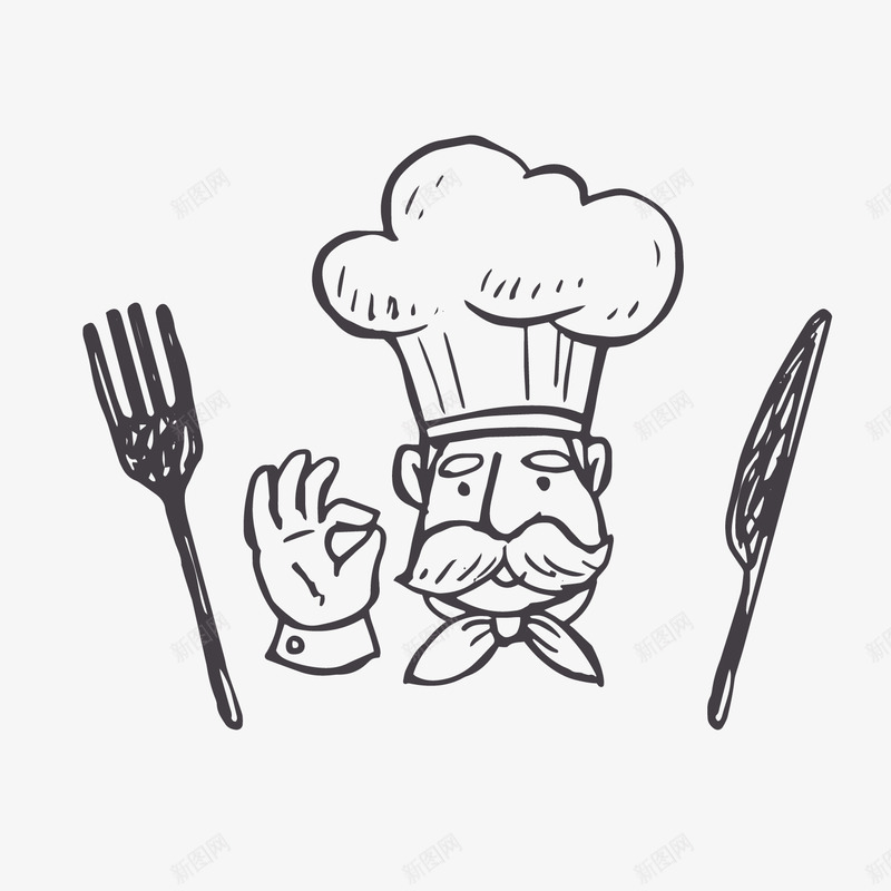 卡通老爷爷厨师png免抠素材_88icon https://88icon.com 刀叉 卡通人物 卡通厨师 大胡子男 老爷爷厨师 黑色
