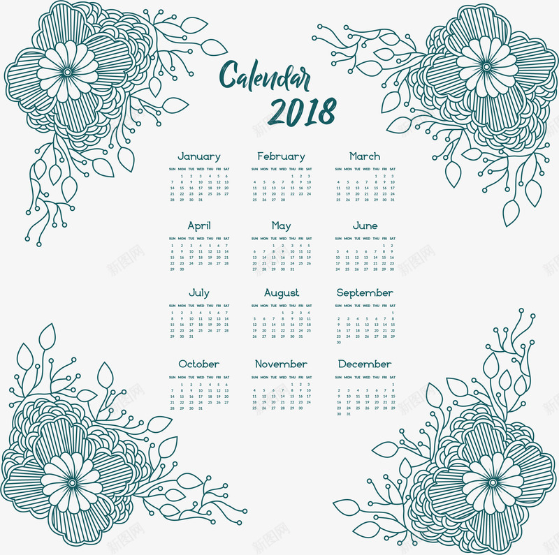 绿色线条花纹装饰日历png免抠素材_88icon https://88icon.com 2018年日历 2018日历模板 日历 日历模板 矢量png 线条花纹 绿色花纹