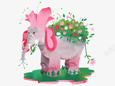 粉色的大象png免抠素材_88icon https://88icon.com 叶子 大象 彩色的大象 粉色 花 草地 鲜花