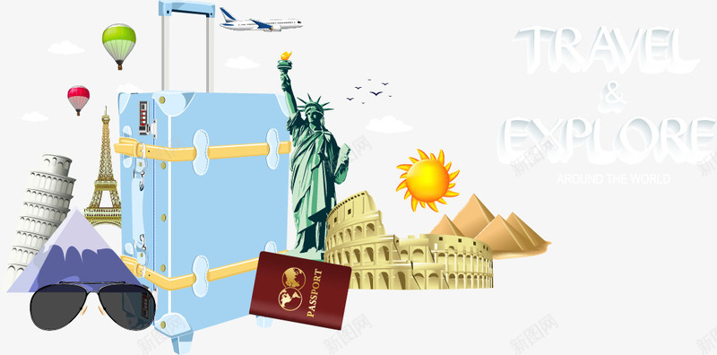 世界旅游名胜古迹png免抠素材_88icon https://88icon.com 世界各地 名胜古迹 埃菲尔铁塔 外出旅游 护照 斗兽场 旅行箱 比萨斜塔 眼镜 自由女神像 金字塔 飞机