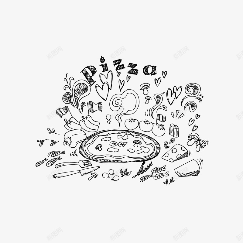 手绘披萨和蔬菜png免抠素材_88icon https://88icon.com 手绘披萨 披萨 蔬菜