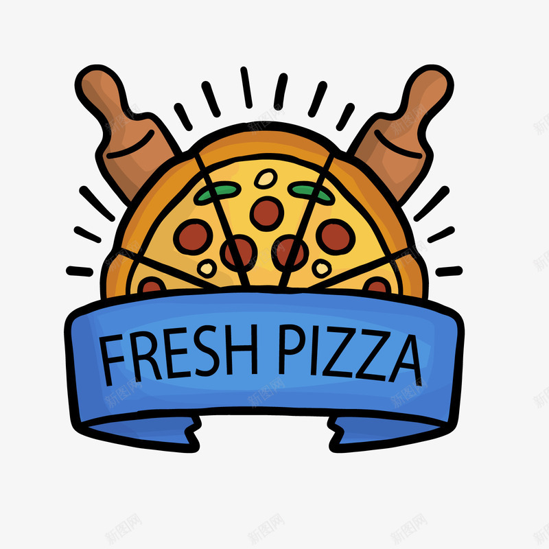 蓝黄色新鲜披萨食物标签矢量图ai免抠素材_88icon https://88icon.com 新鲜披萨 英文 蓝色 食物 食物标签 黄色 黑色 矢量图