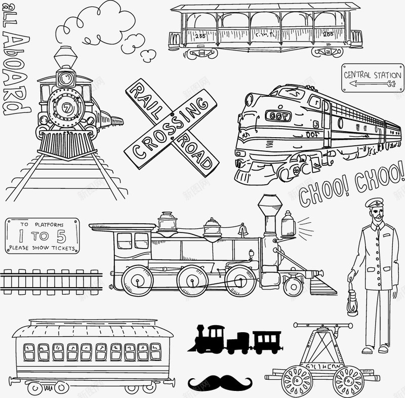手绘素描各式火车png免抠素材_88icon https://88icon.com 手绘 素描 线条 老火车 蒸汽火车 运输火车 黑白