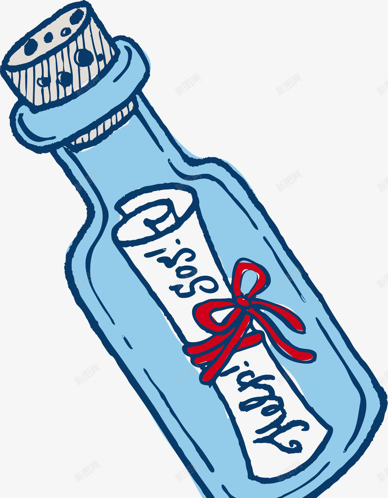 简约蓝色漂流瓶png免抠素材_88icon https://88icon.com 丝带 信纸 免抠PNG 塞子 漂流瓶 简约 蓝色