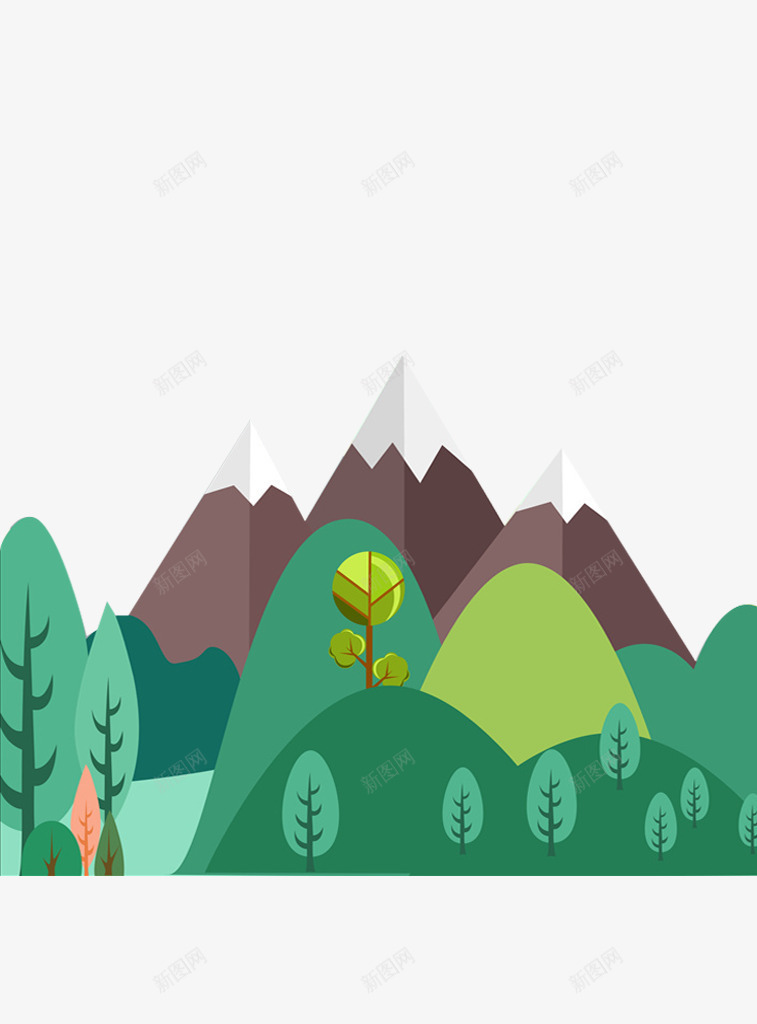 尖角山岭png免抠素材_88icon https://88icon.com 光滑 山岭 棕色山峰 白色尖角 绿色树木 草绿 雪山