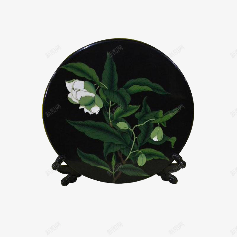 黑色瓷器png免抠素材_88icon https://88icon.com 叶子 图案 摆件 瓷器 白茶花 茶花 黑色