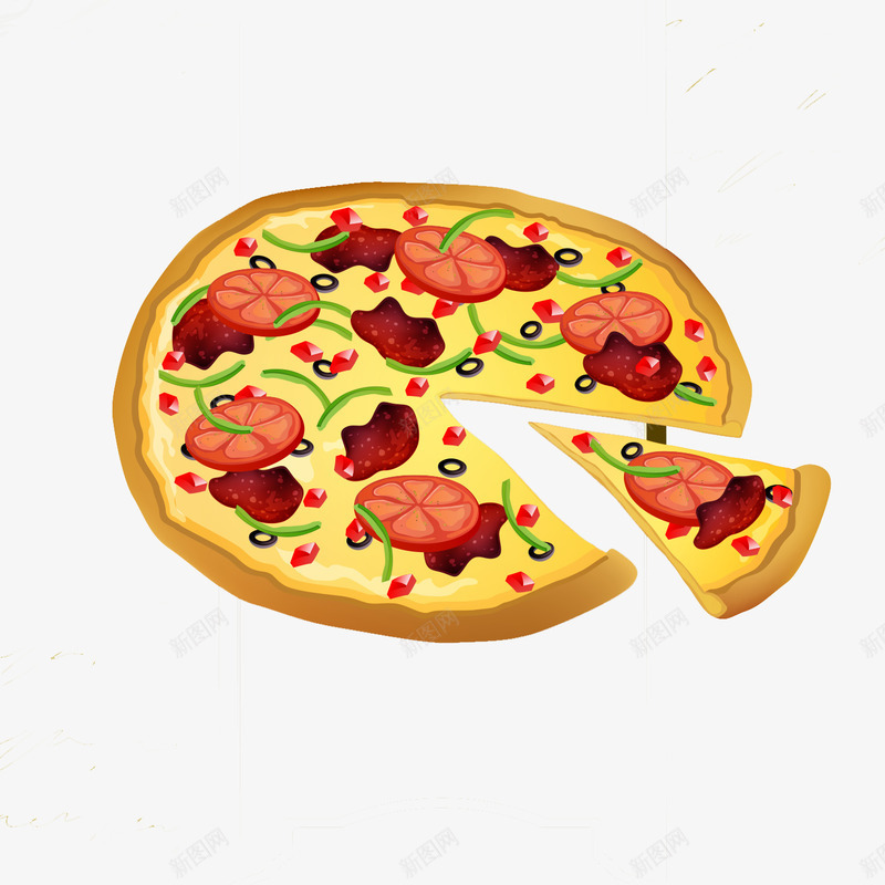 切开的比萨矢量图ai免抠素材_88icon https://88icon.com 披萨 芝士 青椒 面饼 香肠 黄色 矢量图