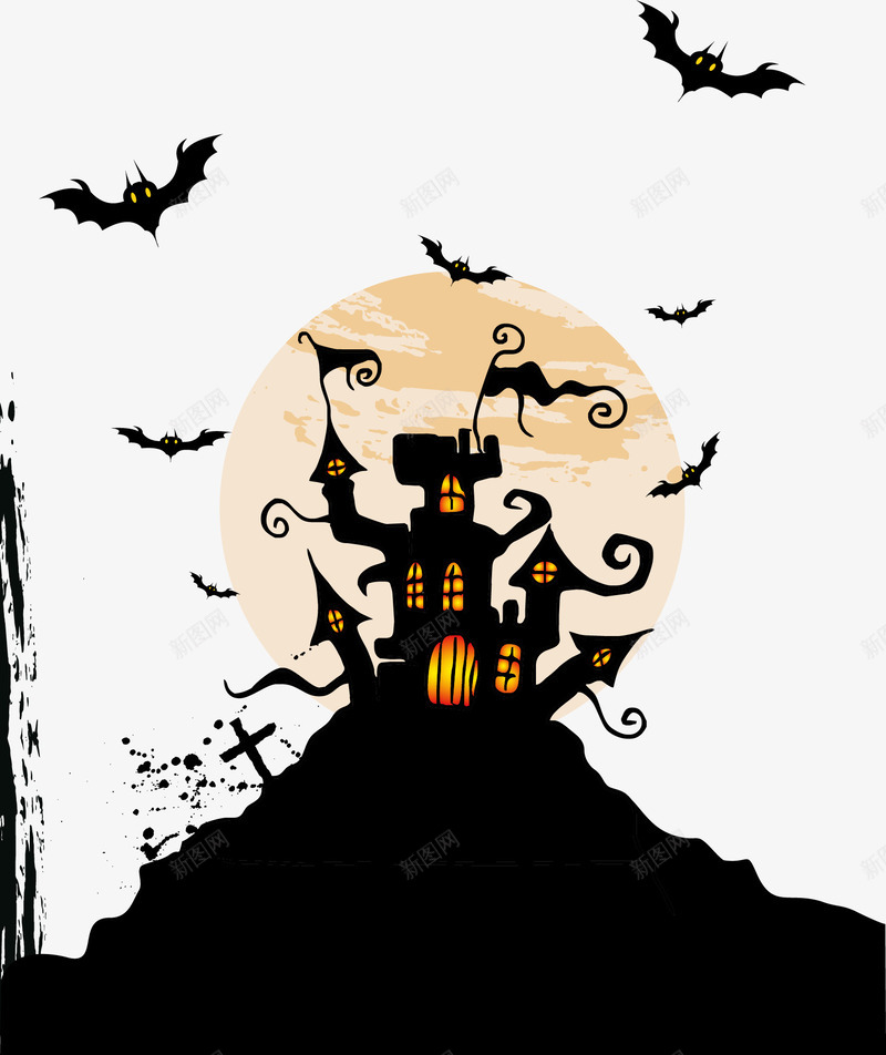 黑色蝙蝠城堡矢量图ai免抠素材_88icon https://88icon.com 万圣节 妖魔鬼怪 恐怖诡异 蝙蝠 鬼节 黑色城堡 矢量图