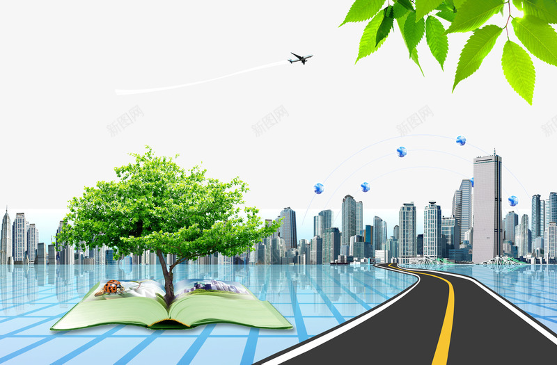 通往城市的道路psd免抠素材_88icon https://88icon.com 城市 绿树 绿色 蓝色 道路 高楼大厦