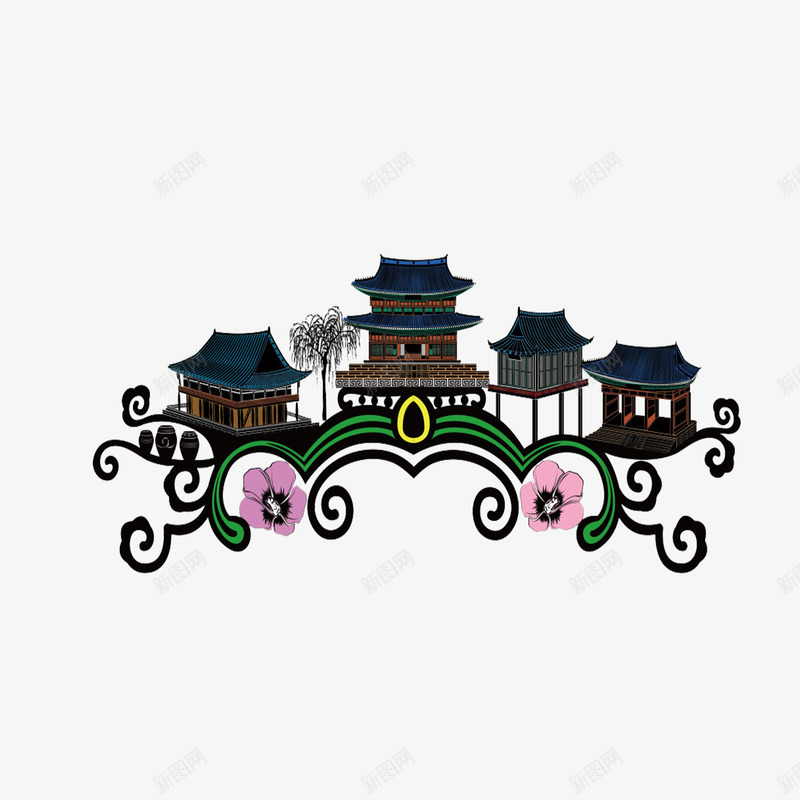 宫廷风古建筑png免抠素材_88icon https://88icon.com 凉亭 柳树 鲜花