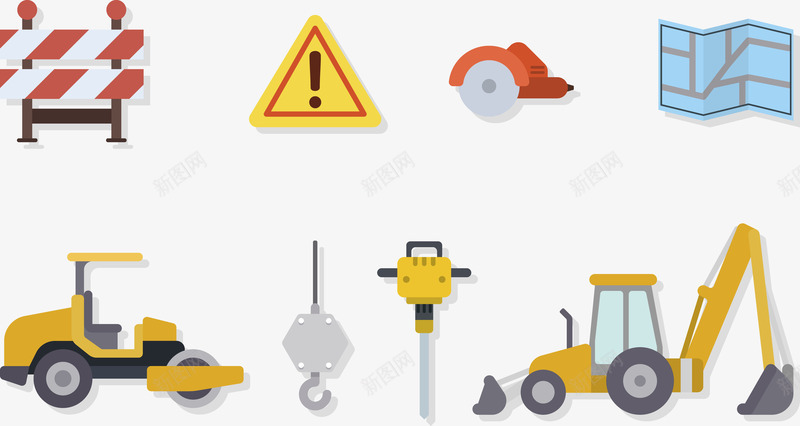 工地施工用的器械png免抠素材_88icon https://88icon.com 压路车 吊钩 挖土机 警示牌