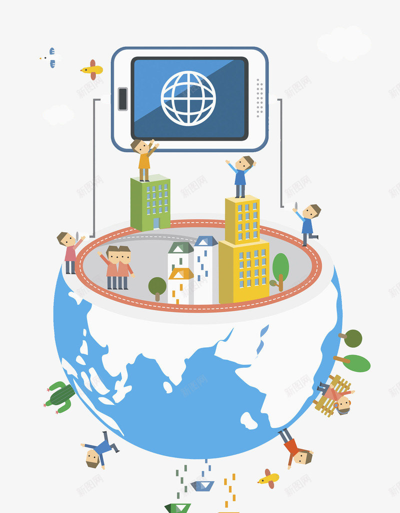 手机地球png免抠素材_88icon https://88icon.com 人物 卡通 地球 彩色 手机 手绘 飞机 高楼